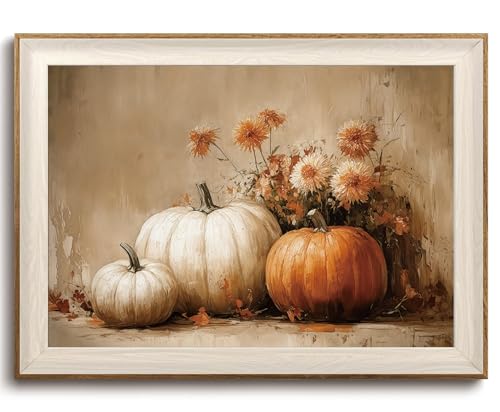 KISSFOX Framed Wall Art Vintage Wall Decor Pumpkin Flower Canvas