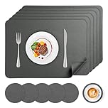 APLKER Faux Leather Placemats and Coasters Set of 6, Wipeable Waterproof Oil-Proof Heat Resistant Table Mats for Dining, Kitchen, Hotel, 16.9 x11.8 inches（Large Place Mats) - Grey