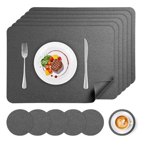 APLKER Tischset Leder 6er Set - Kunstleder Platzset Abwaschbar, Hitzebeständig Doppelseitigen Wasserdicht Platzdeckchen Lederoptik mit Tischuntersetzer, 16.9 x 11.8 Zoll/43 * 30cm, Dunkelgrau