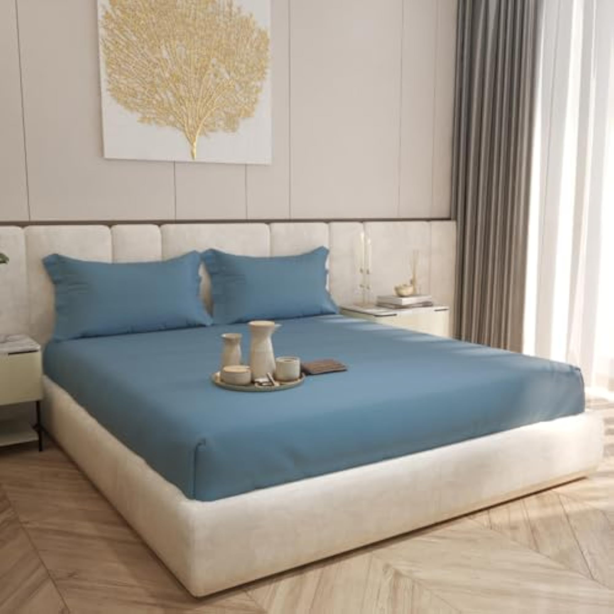 400 TC Cotton Queen Size Bedsheet Set, Blue