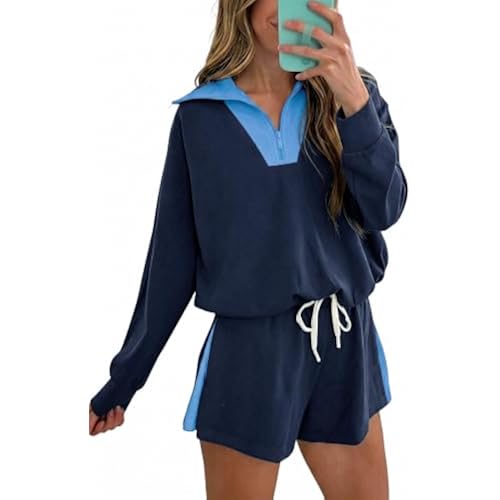 Fisoew Womens 2 Piece Outfits Quarter Zip Sweatshirt Shorts Sets Sweatsuits