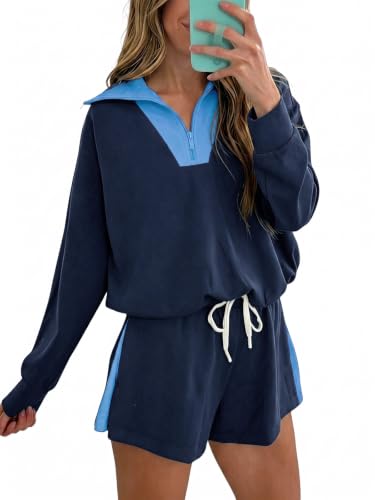 Fisoew Womens 2 Piece Outfits Quarter Zip Sweatshirt Shorts Sets Sweatsuits