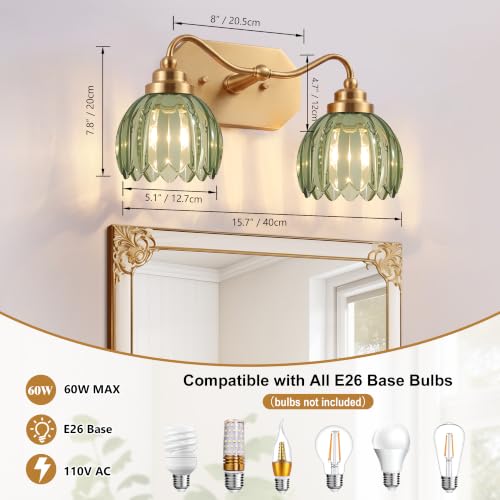 Image of Vintage Gold Vanity Lights, 2-Light Green Tulip, Antique Brass Finish | Brushed Gold Bathroom Light Fixtures, Crystal Wall Sconce Ideal for Bedroom, Living Room, E26 Compatible, Easy Install
