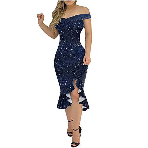 Womens Off The Shoulder Dress Floral Print Irregular Ruffle Hem Dresses Slim Evening Party Club Midi Dress Navy