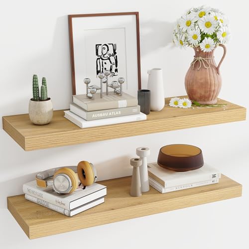 Acovy 36 Inch Floating Shelves, 12 Inch Deep Floating Shelves for Wall, Floating Shelf with Invisible Brackets, Deep Shelves for Bathroom, Bedroom, Living Room, 2 Pack, Natural