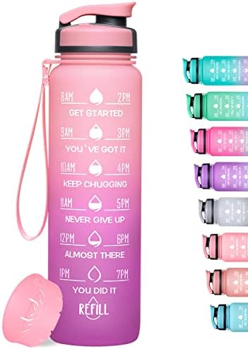 Geritto Motivational Water Bottle with Time Markings, 1000ml Non-Toxic BPA Free Tritan Drinking Bottle with Fruit Strainer, Leak Proof Perfect for Running, Gym, Yoga, Outdoors, and Camping