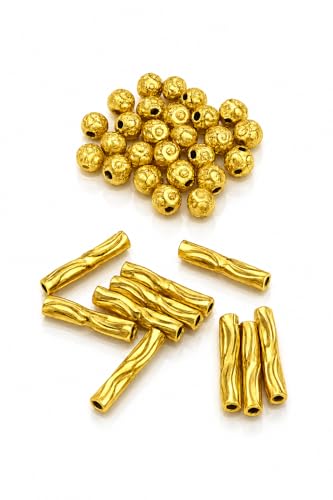 Image of EverSiya 1 Gram Gold Plated Beads for Mangalsutra Making | 4mm Gold Round Beads & Designer Wave Tubes | DIY Jewelry Making Supplies | Traditional Necklace Craft Material for Women