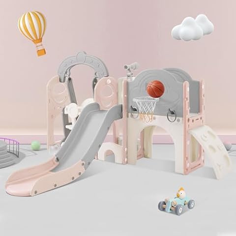 Virubi 7 in 1 Toddler Slide Playset, Climbing Toys Indoor Outdoor for Toddlers 1-3, Kid Slide with Ring Toss, Basketball Hoop & Telescope, Kid Playground (Pink Slide with Swing) Cover