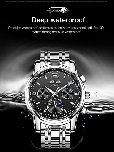 Olevs Mens Automatic Watches Self Winding Mechanical Dress Wrist Watch Multifunction Calendar Hidden Button Sun Moon Display Waterproof Luminous #TOP4
