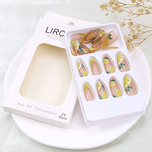 Summer Press On Nail Medium Lemon Fake Nail Alomnd Yellow Full Cover False Nail Sticker On Nail For Women Girls Glue On Nail French Nail Tip #TOP2