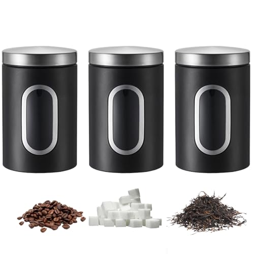 3 Pack Stainless Steel Kitchen Canisters, Canisters Sets for the Kitchen Accessories Stainless Steel Food Container With Secure Lids & Viewing Window Multi Food Storage Jars for Tea Coffee (Black)