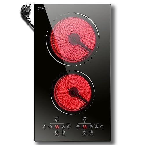 Hobsir Plaque Vitrocéramique 2 Feux, Plaque Cuisson Vitrocéramique Deux Foyers avec Prise, 30cm Encastrable, 3000W, Contrôle Tactile Individuel, Double Zones, 9 Niveaux, Minuterie, 16A Fiche, 240V