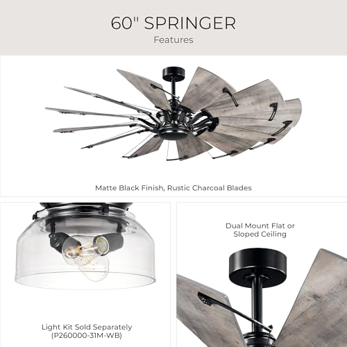 Image of Progress Lighting Springer Collection DC Motor Farmhouse Windmill Ceiling Fan, Matte Black, 12-Blade (60 inch W x 17-3 /8 inch H) P250000-31M