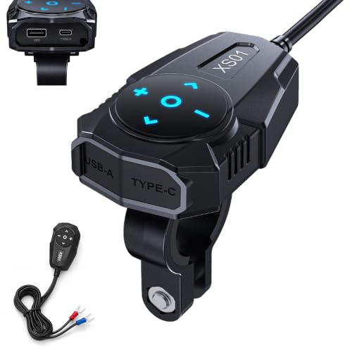 2-in-1 Motorcycle USB C Charger & Bluetooth Wireless Remote, Waterproof 12V-24V Dual USB-A C Fast Charging Port, Handlebar Mount Phone Charger with High & Low Voltage Protection for Motorcycle ATV