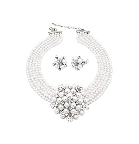 Fashion 21 5 Rows Rhinestone Accented Simulated Floral Pearl Cluster Necklace, Clip on Earring 2 Set (White)