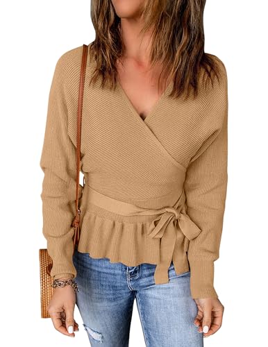 Image of ZESICA Women's Fall 2026 Wrap V Neck Long Batwing Sleeve Belted Waist Ruffle Knitted Sweater Pullover Top