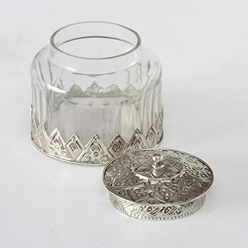 The Grand Tour Glass Storage Jar, Iconic Palmette Patterned Metal, Knob Top, Clad Bottom, Textured Glass, 4 ¾ Inches Diameter x 5 Inches Tall by Whole House Worlds