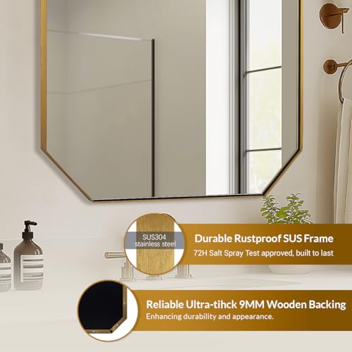 Image of ANDY STAR Gold Octagon Bathroom Mirror, 24x32 Inch Stainless Steel Metal Frame, Anti-Rust, Shatterproof HD Glass, Wall Mounted for Bathroom, Bedroom, Living Room