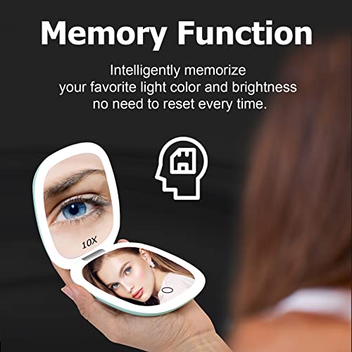 Merifun Compact Mirror With Light, Lighted Travel Makeup Mirror 1X/10X Magnifying- 2-Sided Light Strips- 3 Light Colors & Touch Screen Dimming, Magnetic Closing, Usb Charging (Aqua) #TOP5