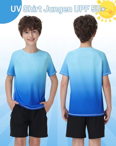 Runhit Teenager UPF 50+ UV Shirt Kurzarm Raglan Ärmel Atmungsaktives Schwimmanzug Surfshirt Sport Rashguard Tshirt, Hellblau Dunkelblau Farbverlauf 152