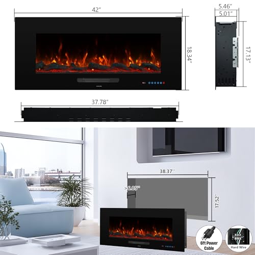 Dreamflame 42" Electric Fireplace Inserts, Recessed & Wall Mounted Fireplace Heater Colorful Flame &Fuel, Remote Control Setting Dimer, Thermostat &Timer, Plug in &Hard-Wire Option, 750W/1500W, Black by Dreamflame - Image 6