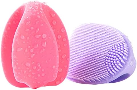 REVEX Silicone Face Scrubber,Soft Silicone Facial Cleansing Brush Wash Sponge Massage Pore Blackhead Removing Exfoliating Scrub for Sensitive Greasy Dry and All Kinds of Skin (Pink+Purple)