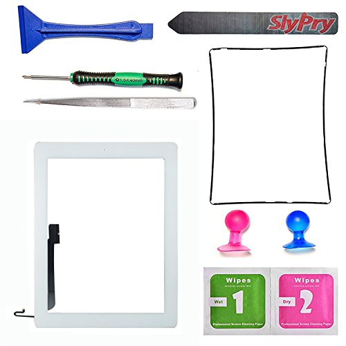 Prokit Adhesive White Ipad 4 Digitizer Touch Screen Front Glass Assembly - Includes Home Button + Camera Holder + Frame Bezel + Preinstalled Adhesive + Cleaning Kit with Slypry Premium Tool Kit