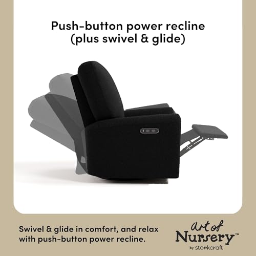 Image of Storkcraft Sorrento Deluxe Power Recliner Swivel Glider - Premium Electronic Nursery Rocking Chair, Oeko-TEX 100 Certified, Includes Dual-USB Charging Port with USB-A & USB-C (Black Boucle)