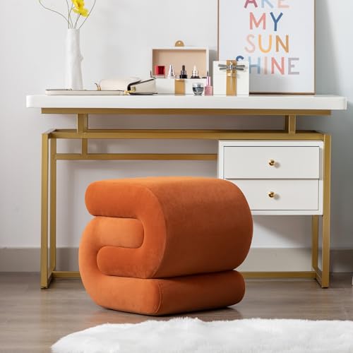 FOXHUNTER Modern Velvet Upholstered Ottoman, Comfortable Velvet Foot Stools, Exquisite End Table Pouf Stool Soft Shoe Stool, s Shape Ottoman for Makeup Room Living Room Bedroom Entrance (Orange)