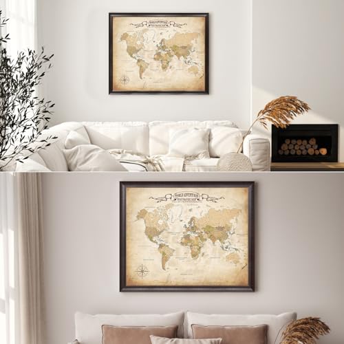 Image of DECORARTS - Large Personalized World Travel Map with Pins, Custom Name, Pin Board Canvas Wall Art, Antique Old World Decor, Optional Wood Frame, Giclee Print, Handcrafted in USA, 35x28''