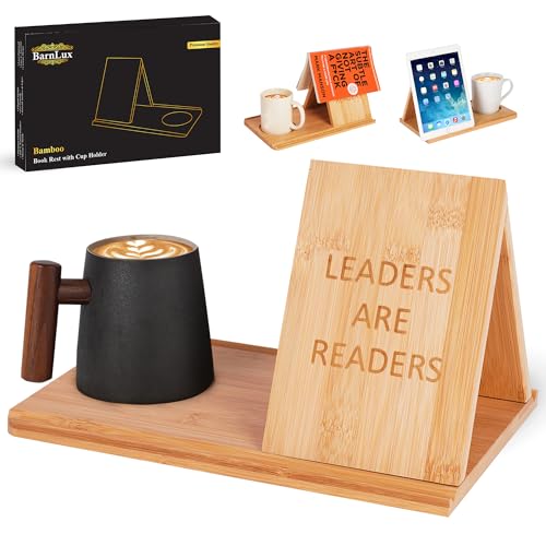 Barnlux Wooden Book Holder Stand for Bedroom Table Decor | Book Nook Reading Valet Stand with Coffee Drink Holder, Night Stand Book Holder, Book Rest Stand for Birthday Gift for Book Lover