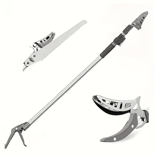 3.3-5.2FT Extendable Tree Pruner & Fruit Picker for Garden, Telescopic Pole Pruner with Cut & Hold, Long Reach Tree Trimmer for Thin Branches & Bypass Loppers, Gray