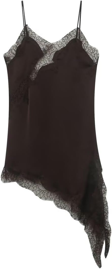 Silk Lace Trim Camisole Tops for Women Satin Layering Asymmetrical Tops Lace Patchwork Cami Tank Slip Dress - Image 7