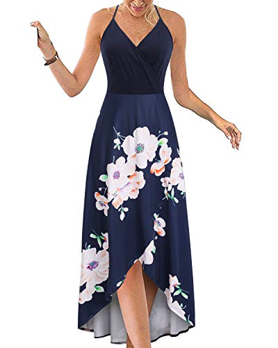II ININ Women's V Neck Floral Maxi Dress Sleeveless Spaghetti Strap Patchwork Summer Dress Asymmetrical High Low Casual Sundress(Floral 01,Medium)