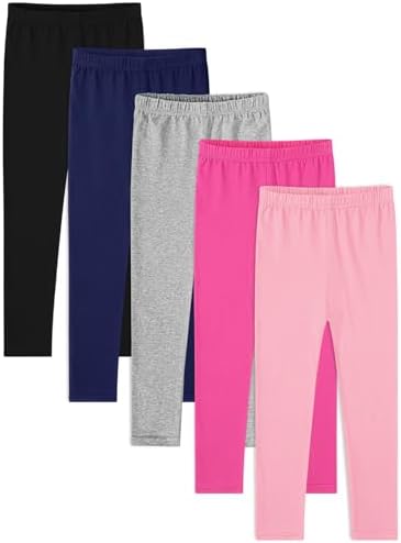 BOOPH 5 Pack Girls Leggings Cotton Full Length Stretchy Kids Pants Footless