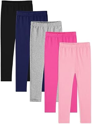 BOOPH 5 Pack Girls Leggings - Full Length Stretchy Cotton Pants, Footless Multi for Kids 6-7 Years