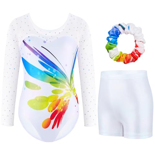 Boteria Dreiteilige Gymnastikanzug Mädchen Turnanzug Leotard Turnshorts und Haarband Set, Langarm Ballettröckchen Kleid Trikotanzug Gymnastik Outfit Set für 5-12 Jahre (Weiß, 140(11-12Jahre))