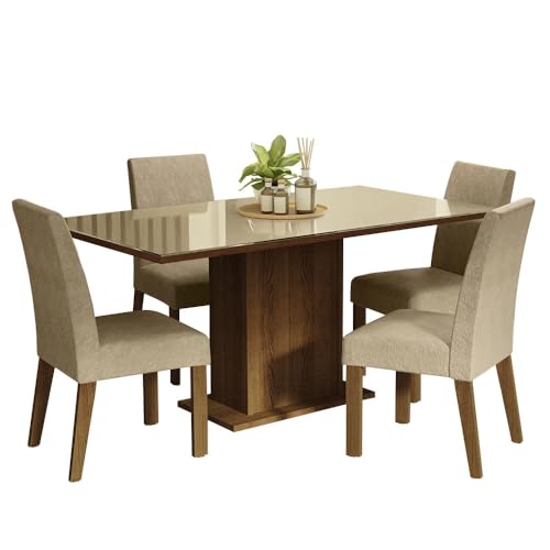 Image of Madesa 4 Seater Dining Set Rectangular Glass Table Top Sturdy Wooden with Cushioned Seats 160 Cm for Dining Room and Kitchen - Brown /Cream