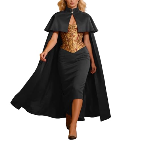 Generisch Capa de caballero para mujer, estilo renacentista, gótico, steampunk, ropa de fiesta, cosplay, Halloween, carnaval, disfraces, cuello alto, chaqueta monocolor, Negro , Talla única