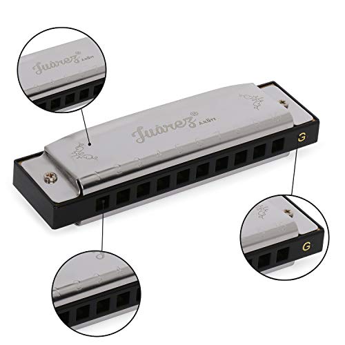 Image of JUAREZ JRH10A-G Diatonic Professional Blues Harmonica Key of G Scale | 10 Holes | Mouth Organ | Cover - Stainless Still | Comb - ABS | Reed - Phosphor Bronze with Case