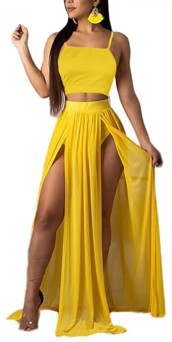 Image of Women Sexy 2 Piece Outfits Dress Chiffon Strap Deep V Neck Bra Crop Top High Split Maxi Dresses Skirt Set