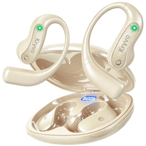 Open Ear Headphones, Over Ear Earbuds Powerful Sound with Ergonomic Earhook | 46H Bluetooth 6.0 Headphones with Clear Calls and ENC Mic, LED Digital Display, IP7, Lightweight Design for Workout,Off-White