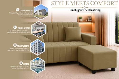 Image of Rosebell 2 Seater Sofa with Ottoman | Living Room Couch | with Cushions | Sofa for Home, Apartment & Office-Golden Color