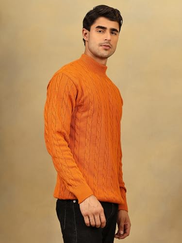 Image of Kvetoo Men's High Neck Cable Knit Sweater | Winter Pullover | Warm Wool Blend |Casual Full Sleeve Sweater for Men | Stylish Ribbed Neck Slim Fit Winterwear