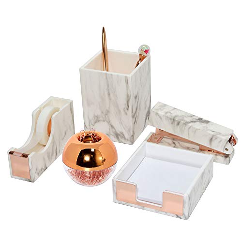 Acrylic Marble Desktop Organizer Set Stapler with Staples, Pencil Holder, Tape Dispenser, Memo Holder, Magnetic Paperclip Holder with Paper Clips Office Supplies for Women Girls (Marble Rose Gold)