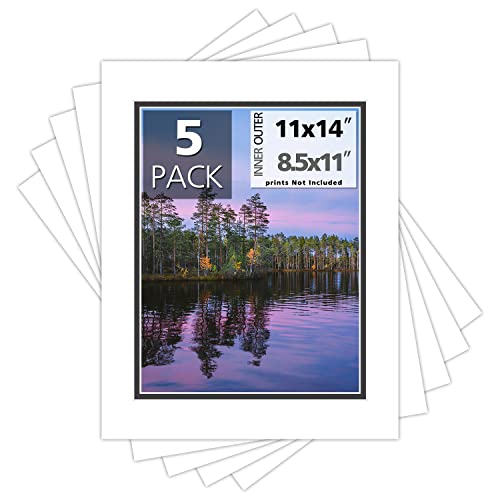 Mat Board Center, 5 Pack 11x14 Double Mat for 8.5x11 Photos, White/Black