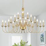 Large Gold Chandeliers for Dining Room Light Fixture, 21 Light 3 Tier Farmhouse Chandelier Over Table, Industrial Candle Hanging Lighting Fixture for Living Room Foyer Staircase Restaurant Villa