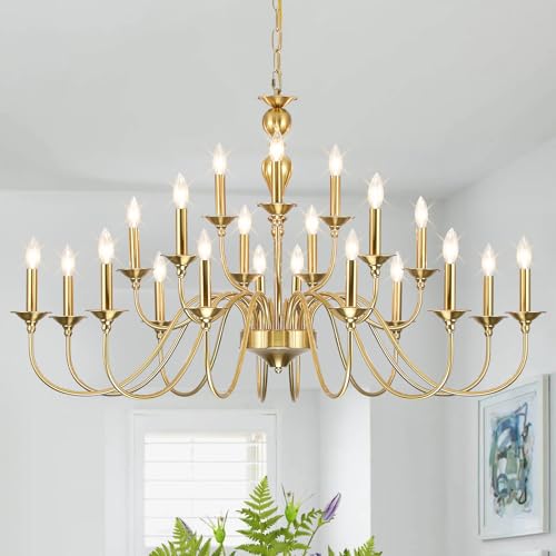 Large Gold Chandeliers for Dining Room Light Fixture, 21 Light 3 Tier Farmhouse Chandelier Over Table, Industrial Candle Hanging Lighting Fixture for Living Room Foyer Staircase Restaurant Villa