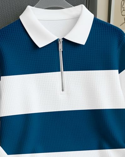 Image of Mens Stylish Half Zip Tshirt, Texture Striped Casual T-Shirt for Men, Formal Collared Neck Full Sleeves T-Shirt for Boys