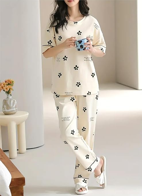 Image of Womens Night Dress Pajama Set Soft Stretchable Spandex Nightwear Night Suit Ladies Loungewear Sleepwear Two Piece Top and Pyjama Set for Women